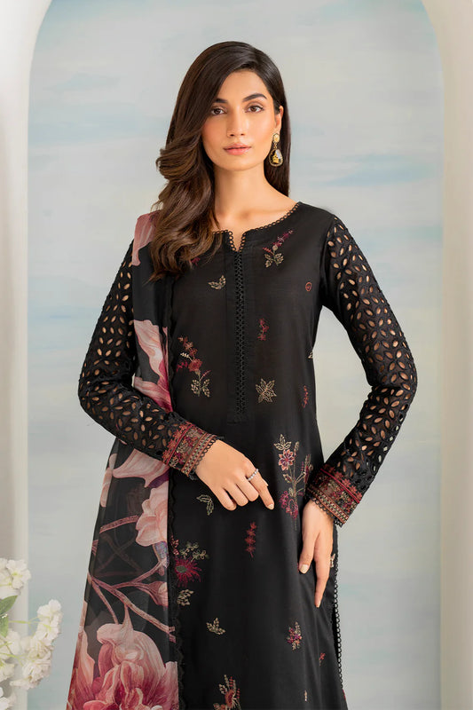 IZNIK- 3PC DHANAK EMBROIDERED SHIRT WITH COUTURE PRINT SHAWL AND EMB TROUSER-ADR-4137