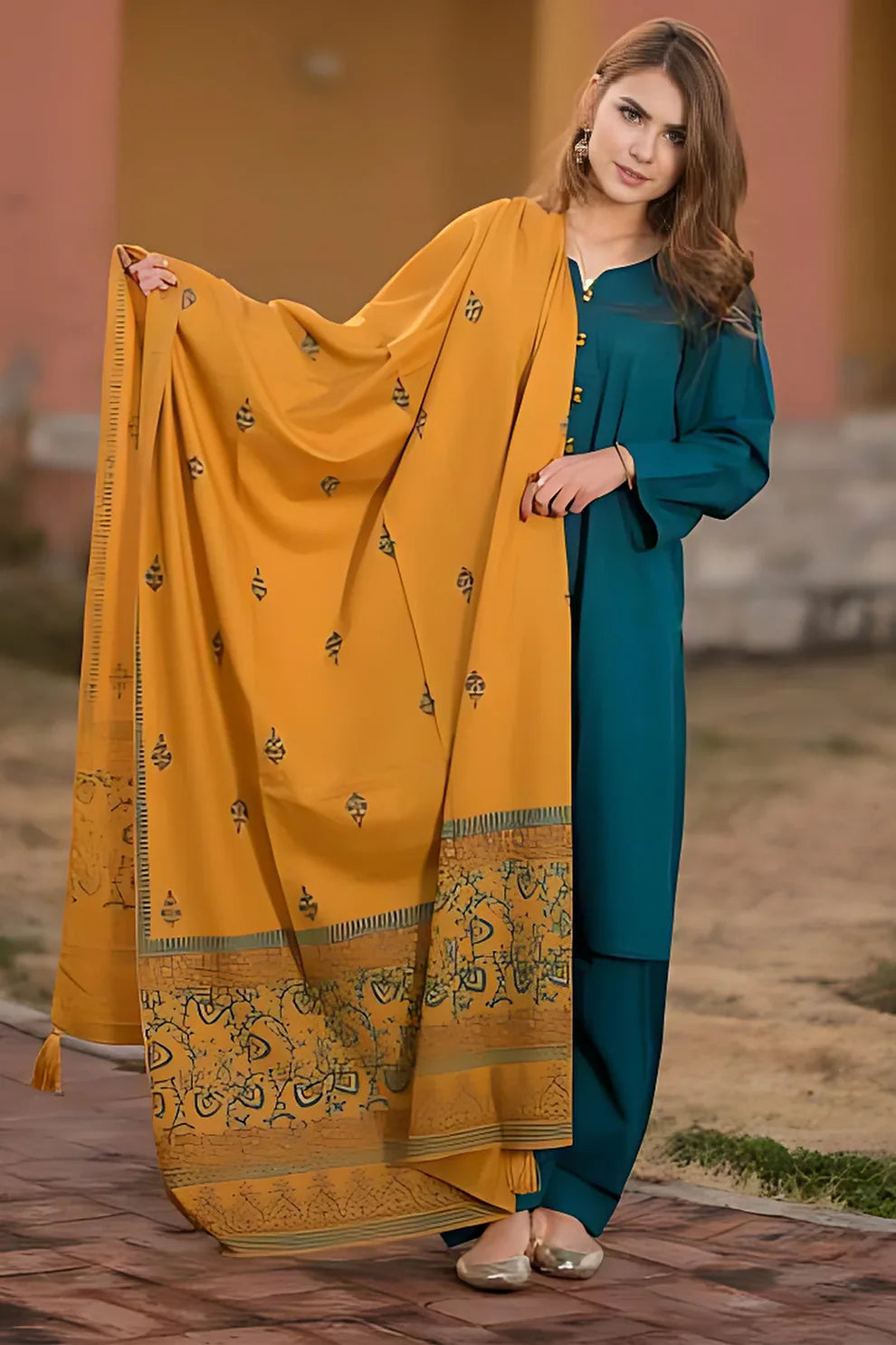 KAYSERIA- 3PC DHANAK WITH COUTURE WOOL PRINTED SHAWL-ADR-3108