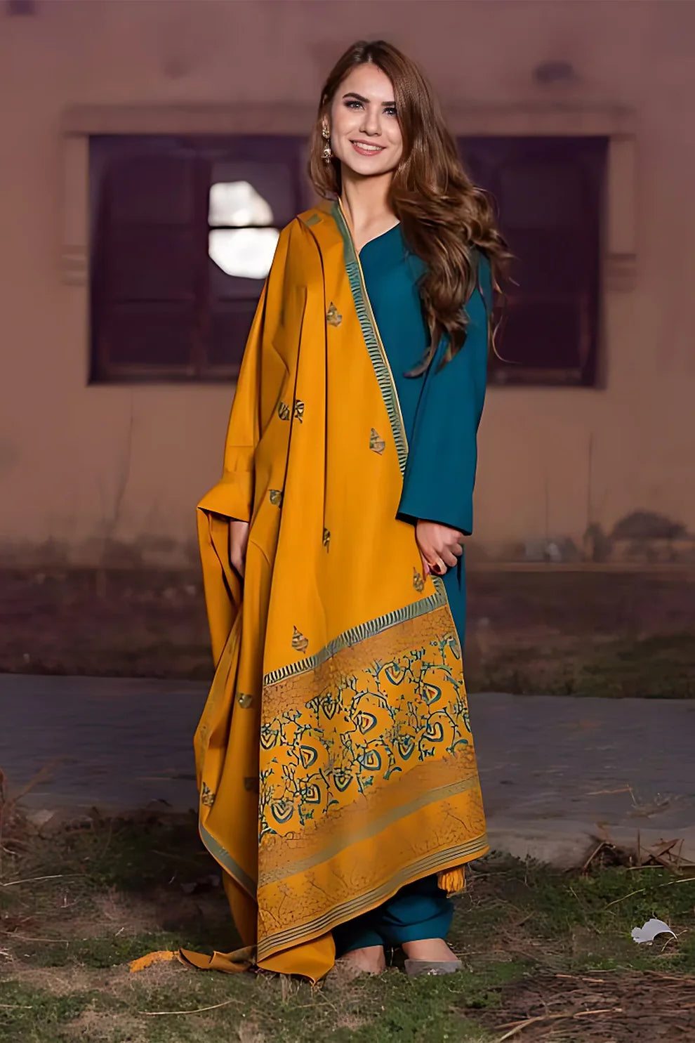 KAYSERIA- 3PC DHANAK WITH COUTURE WOOL PRINTED SHAWL-ADR-3108