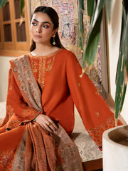IZEL-3PC DHANAK EMBROIDERED SHIRT WITH WOOL PRINTED SHAWL AND TROUSER-ADR-5035
