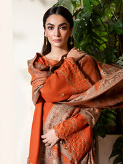 IZEL-3PC DHANAK EMBROIDERED SHIRT WITH WOOL PRINTED SHAWL AND TROUSER-ADR-5035