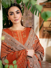 IZEL-3PC DHANAK EMBROIDERED SHIRT WITH WOOL PRINTED SHAWL AND TROUSER-ADR-5035
