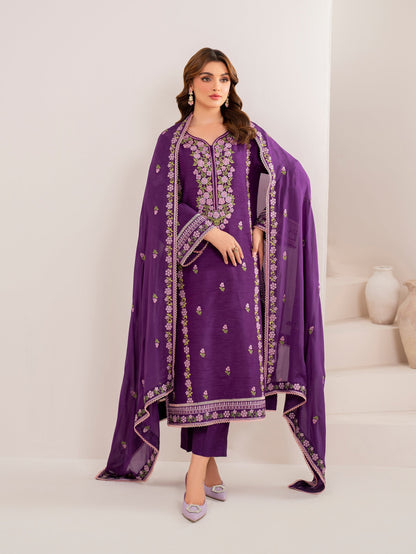 GARNET-3PC LAWN EMBROIDERED SHIRT WITH CHIFFON EMBROIDERED DUPATTA AND TROUSER-ADR-3613