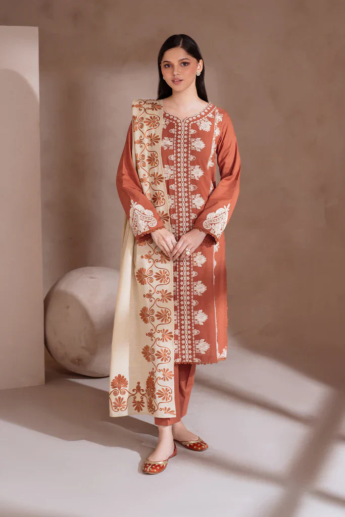 IZNIK-3PC DHANAK EMBROIDERED SHIRT WITH DHANAK EMBRIDERED SHAWL & TROUSER-ADR-3388