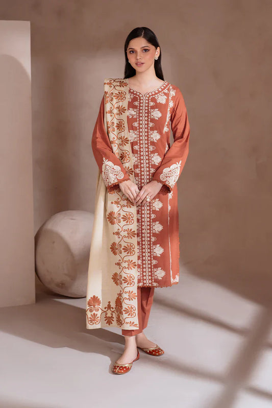 IZNIK-3PC DHANAK EMBROIDERED SHIRT WITH DHANAK EMBRIDERED SHAWL & TROUSER-ADR-3388