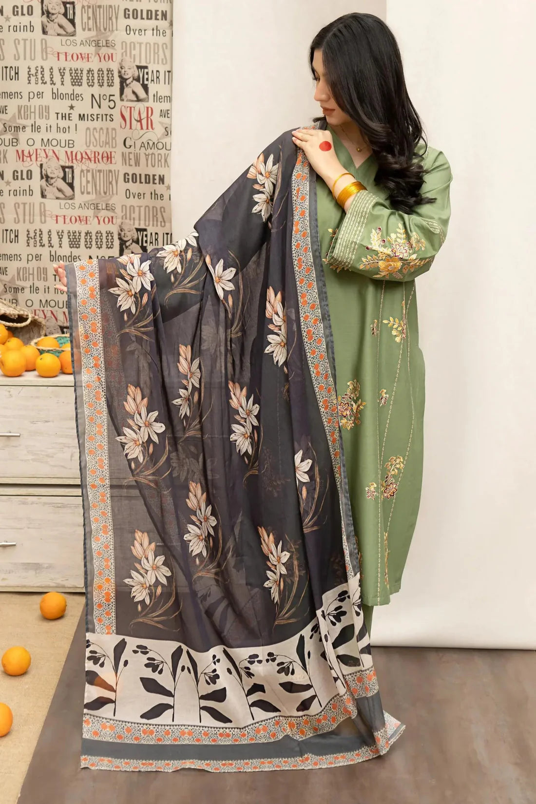 URGE- 3PC DHANAK EMBROIDERED SHIRT WITH COUTURE PRINT SHAWL AND EMB TROUSER-ADR-3222