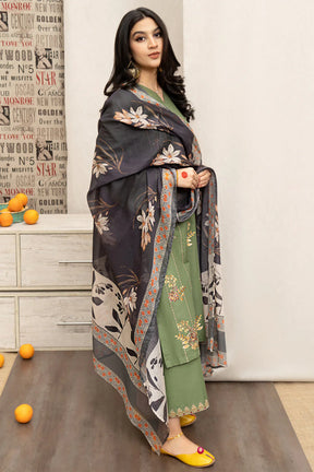 URGE- 3PC DHANAK EMBROIDERED SHIRT WITH COUTURE PRINT SHAWL AND EMB TROUSER-ADR-3222