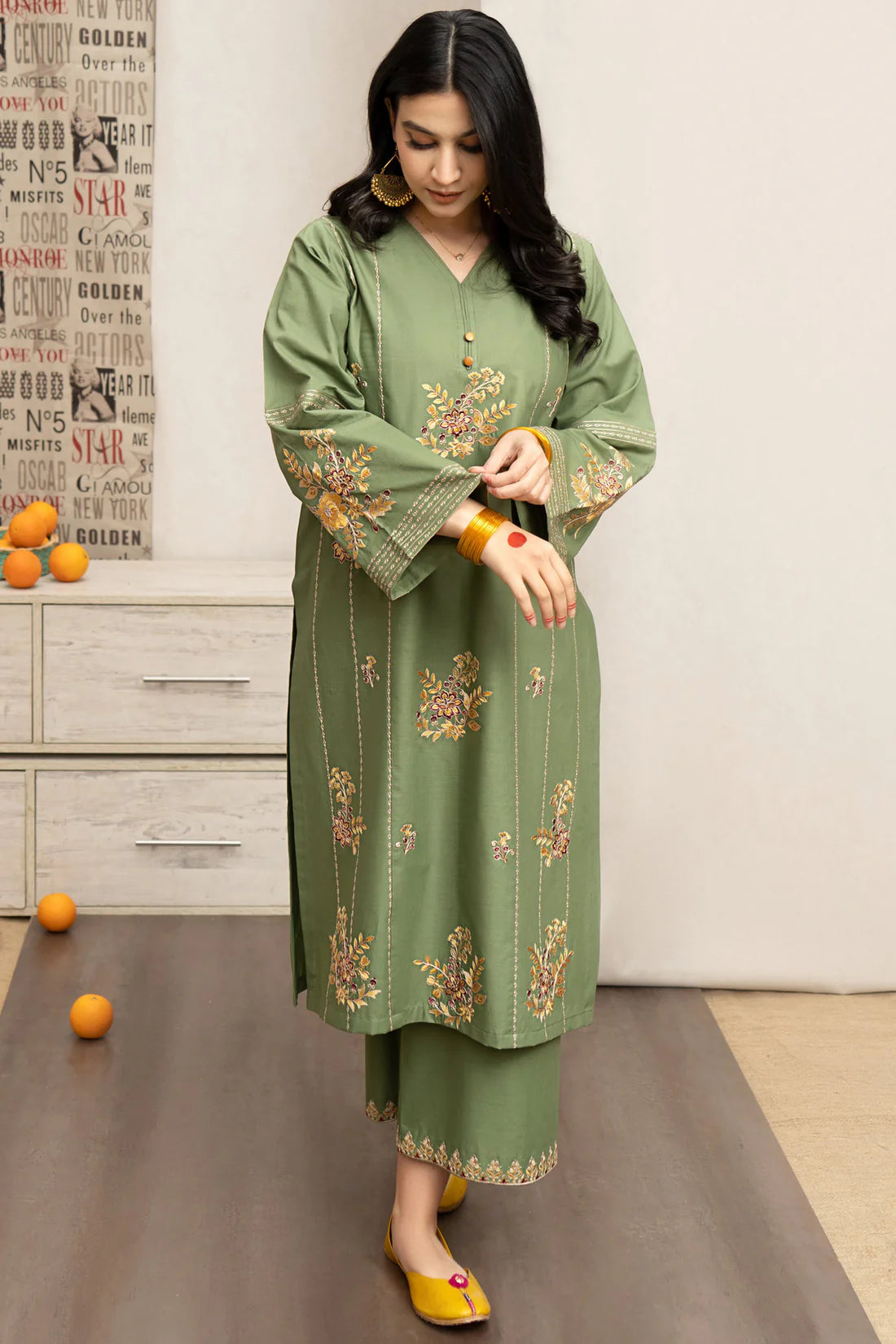 URGE- 3PC DHANAK EMBROIDERED SHIRT WITH COUTURE PRINT SHAWL AND EMB TROUSER-ADR-3222