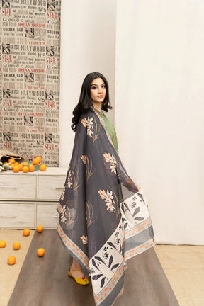 URGE- 3PC DHANAK EMBROIDERED SHIRT WITH COUTURE PRINT SHAWL AND EMB TROUSER-ADR-3222