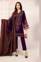 MARIA B-3PC KHADDAR EMBROIDRED SHIRT WITH WOOL PRINT SHAWL AND TROUSER-ADR-3268 PLUM