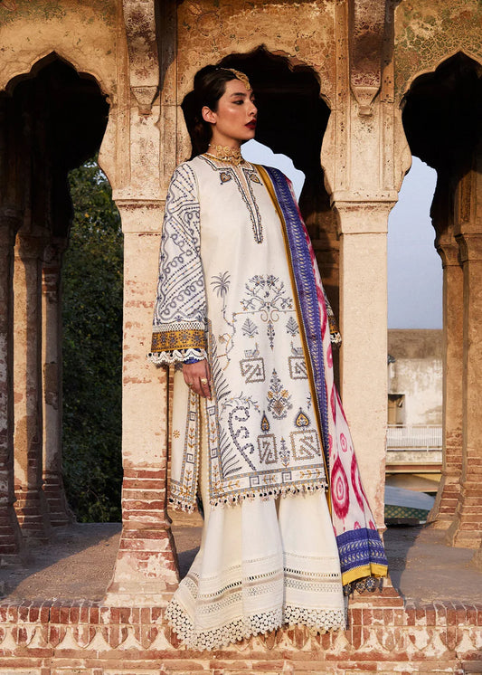 HUSSAIN REHAR-3PC KHADDAR HEAVY EMBROIDERED SHIRT WITH COURTRAI WOOL PRINT SHAWL AND TROUSER-ADR-4094