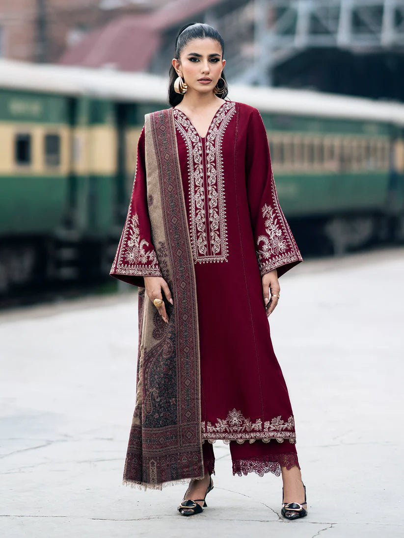 IZEL-3PC DHANAK EMBROIDERED SHIRT WITH COUTURE PRINT SHAWL AND TROUSER-ADR-3332