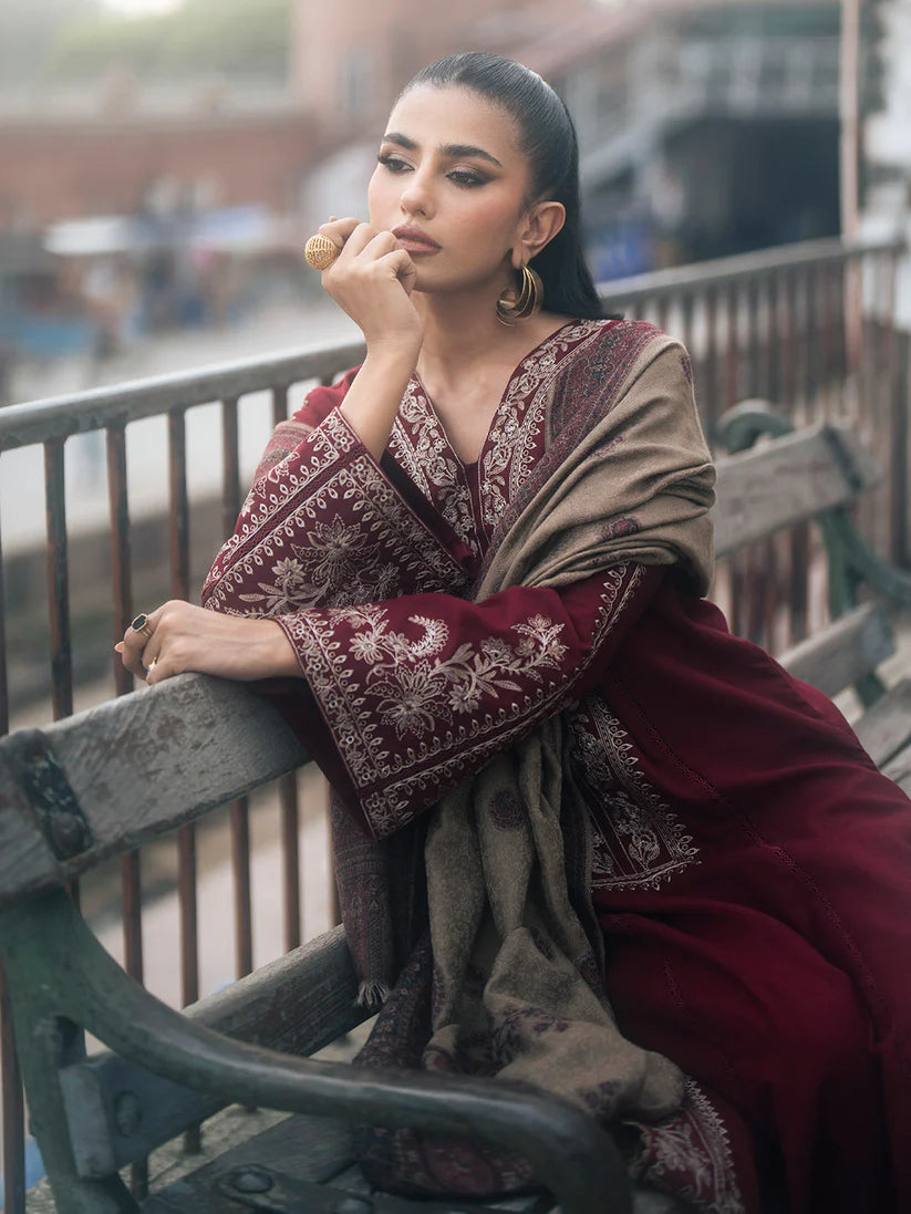 IZEL-3PC DHANAK EMBROIDERED SHIRT WITH COUTRAI PRINTED SHAWL AND TROUSER-ADR-4127