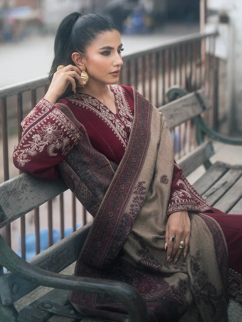IZEL-3PC DHANAK EMBROIDERED SHIRT WITH COUTRAI PRINTED SHAWL AND TROUSER-ADR-4127