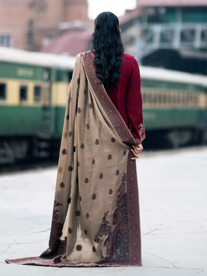 IZEL-3PC DHANAK EMBROIDERED SHIRT WITH COUTRAI PRINTED SHAWL AND TROUSER-ADR-4127