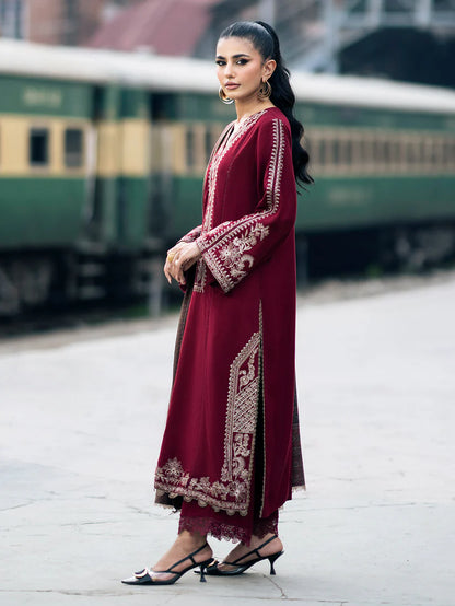 IZEL-3PC DHANAK EMBROIDERED SHIRT WITH COUTRAI PRINTED SHAWL AND TROUSER-ADR-4127
