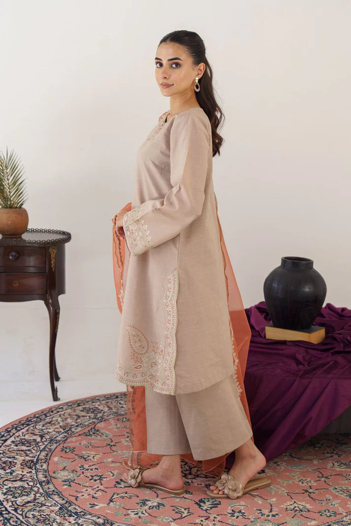 HANA- 3PC KHADAR EMBROIDERED SHIRT WITH ORGANZA EMBROIDERED DUPATTA AND TROUSER-ADR- 3173