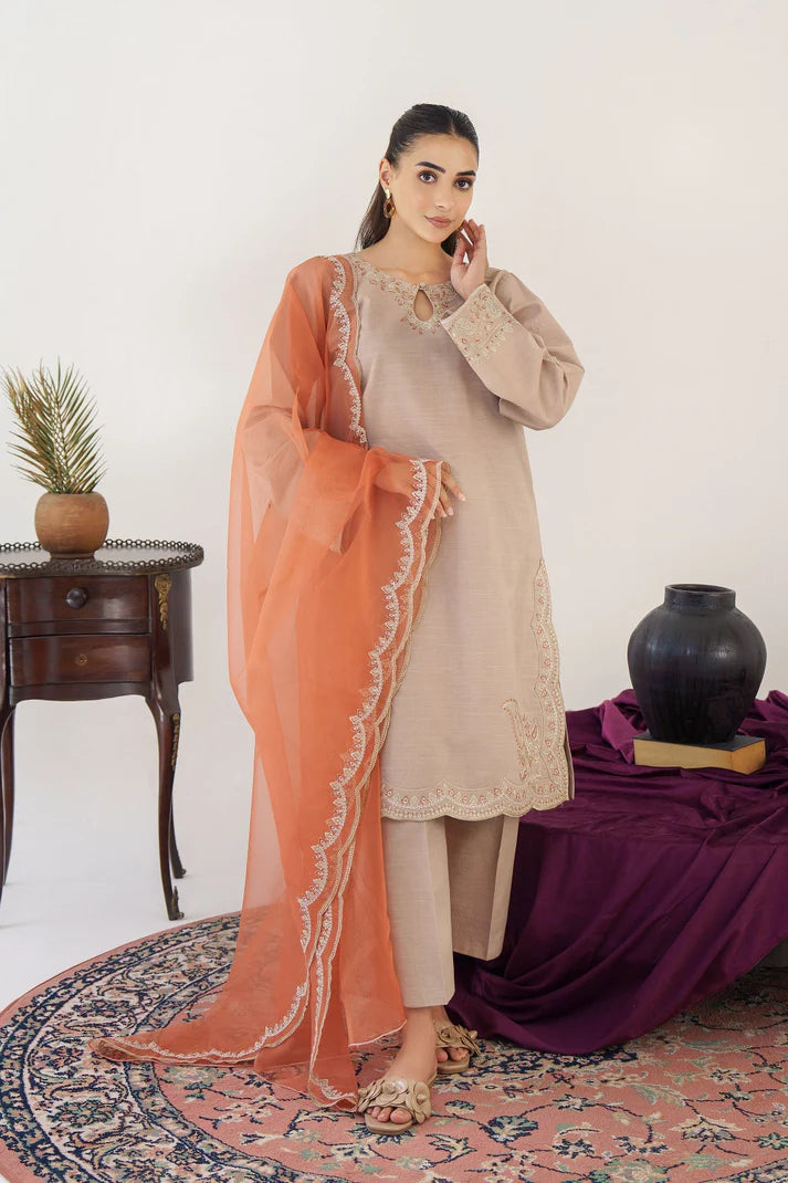 HANA- 3PC KHADAR EMBROIDERED SHIRT WITH ORGANZA EMBROIDERED DUPATTA AND TROUSER-ADR- 3173