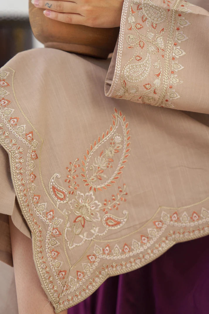 HANA- 3PC KHADAR EMBROIDERED SHIRT WITH ORGANZA EMBROIDERED DUPATTA AND TROUSER-ADR- 3173