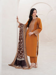 GARNET-3PC DHANAK EMBROIDERED SHIRT WITH COURTRAI PRINTED SHAWL AND TROUSER-ADR-4201