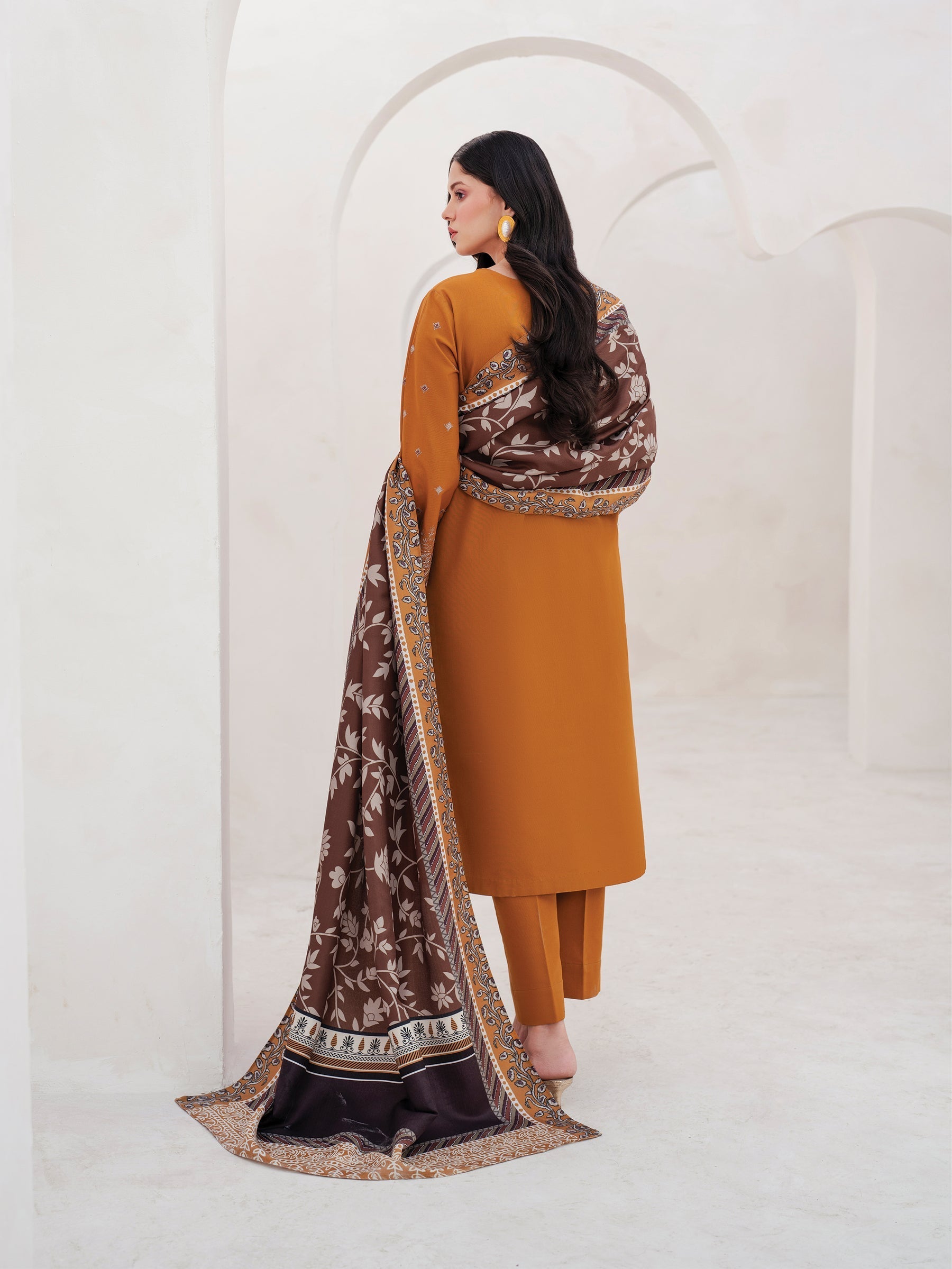 GARNET-3PC DHANAK EMBROIDERED SHIRT WITH COURTRAI PRINTED SHAWL AND TROUSER-ADR-4201