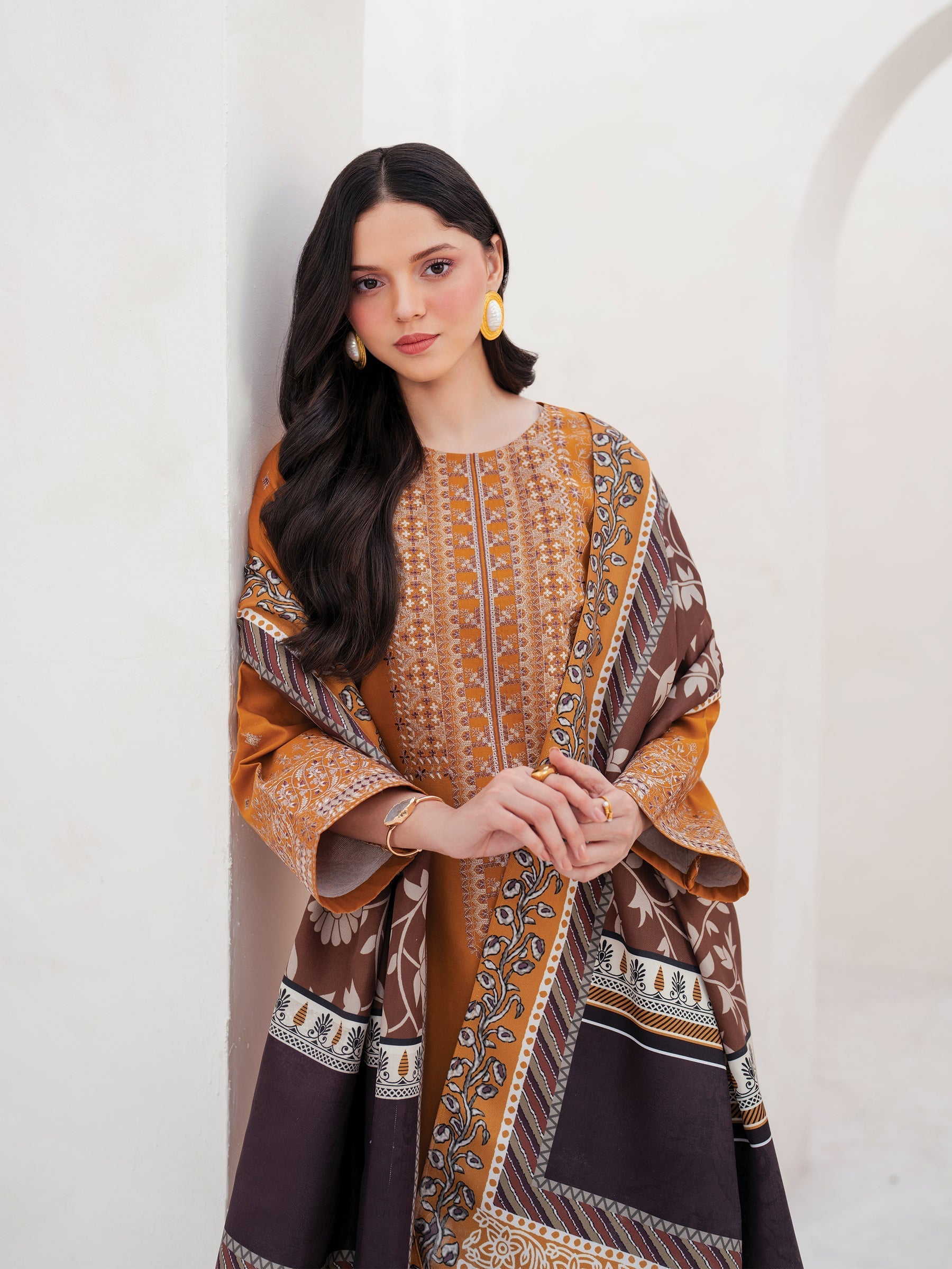 GARNET-3PC DHANAK EMBROIDERED SHIRT WITH COURTRAI PRINTED SHAWL AND TROUSER-ADR-4201