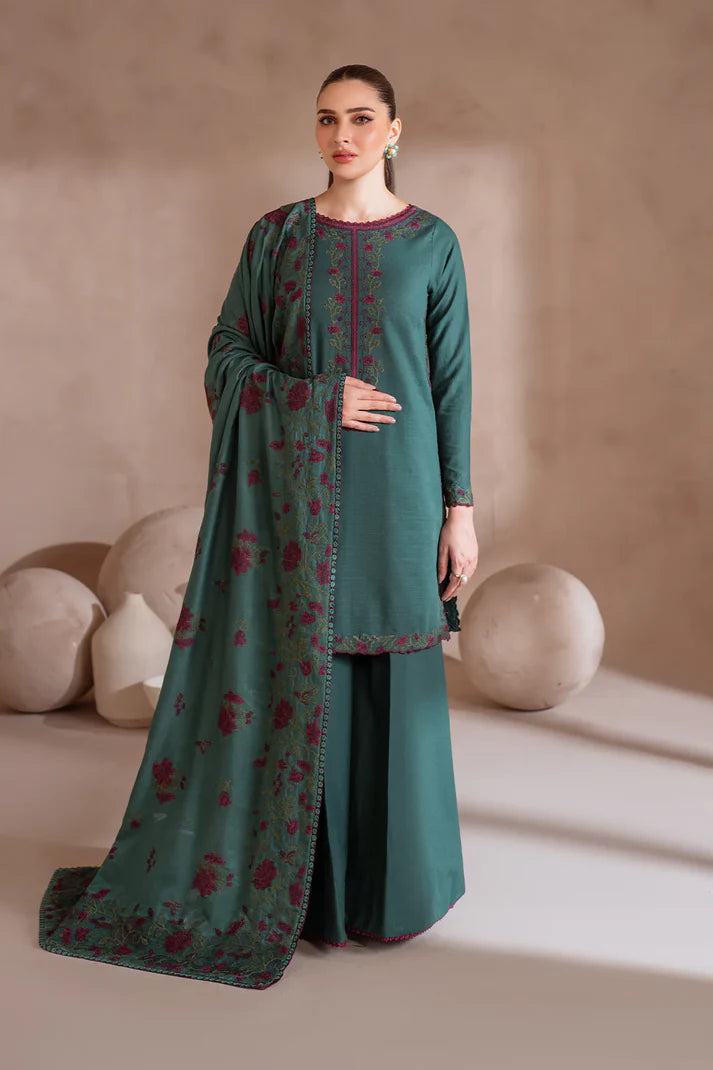 IZNIK-3PC DHANAK EMBROIDERED SHIRT WITH DHANAK EMBROIDERED SHAWL & TROUSER-ADR-5055
