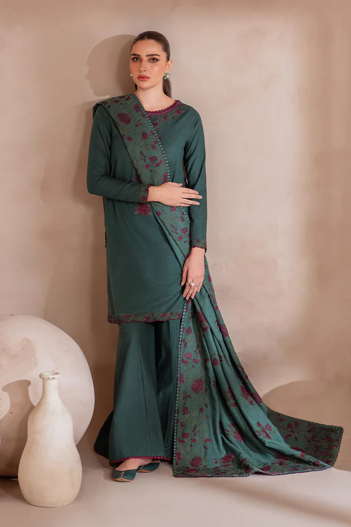 IZNIK-3PC DHANAK EMBROIDERED SHIRT WITH DHANAK EMBROIDERED SHAWL & TROUSER-ADR-3389