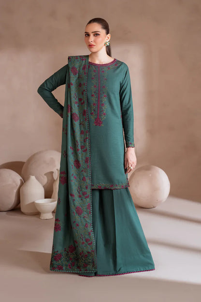 IZNIK-3PC DHANAK EMBROIDERED SHIRT WITH DHANAK EMBROIDERED SHAWL & TROUSER-ADR-3389