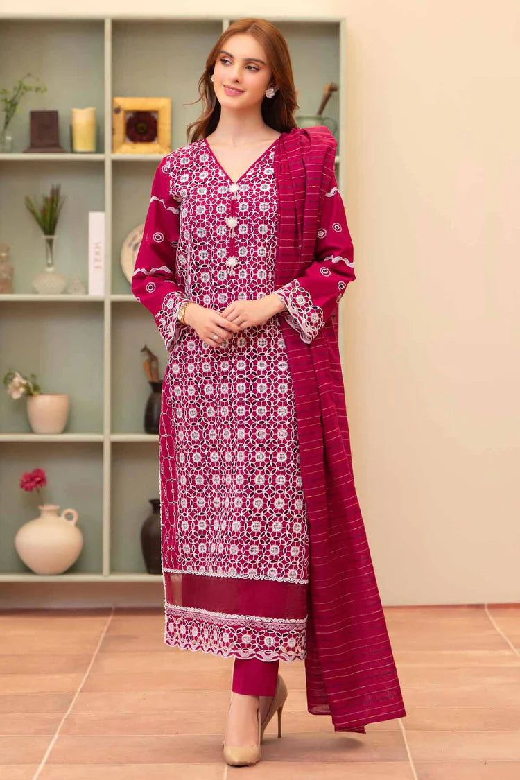 MIRAKHI - 3PC LAWN CHIKENKAARI EMBROIDERED SHIRT WITH LAWN TUBE SLUB DUPATTA AND TROUSER-ADR-1073