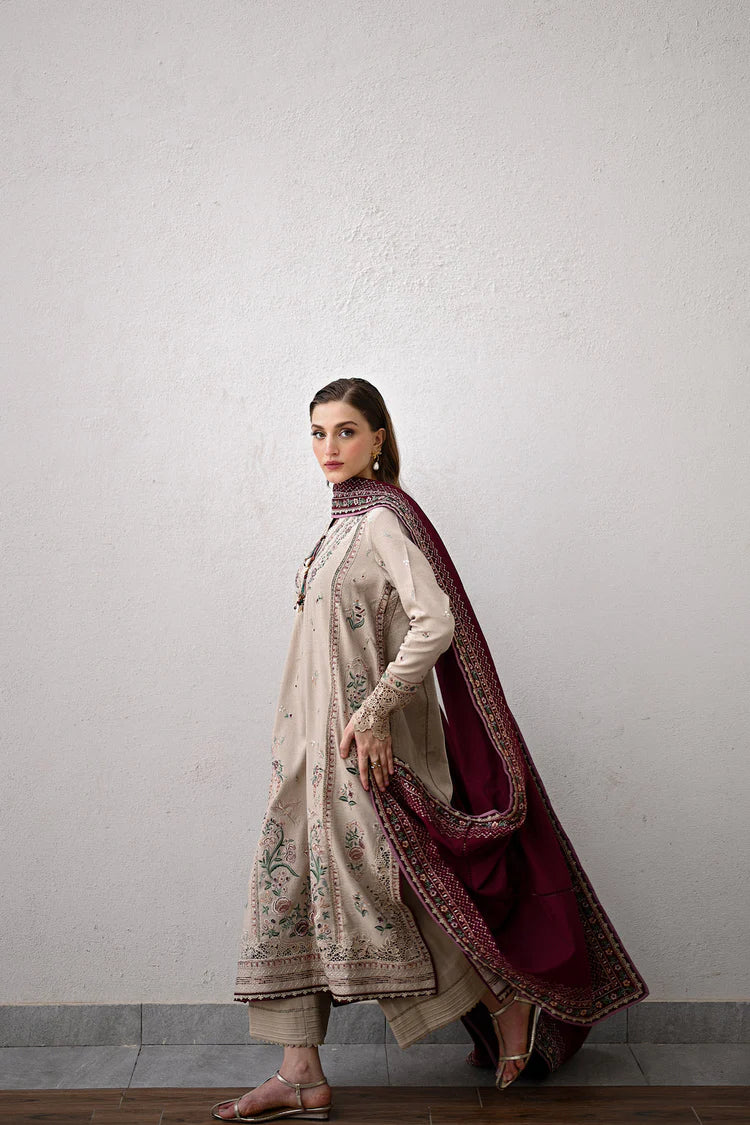 ZAIB-3PC DHANAK EMBROIDERED SHIRT WITH DHANAK EMBROIDERED SHAWL AND TROUSER-ADR-