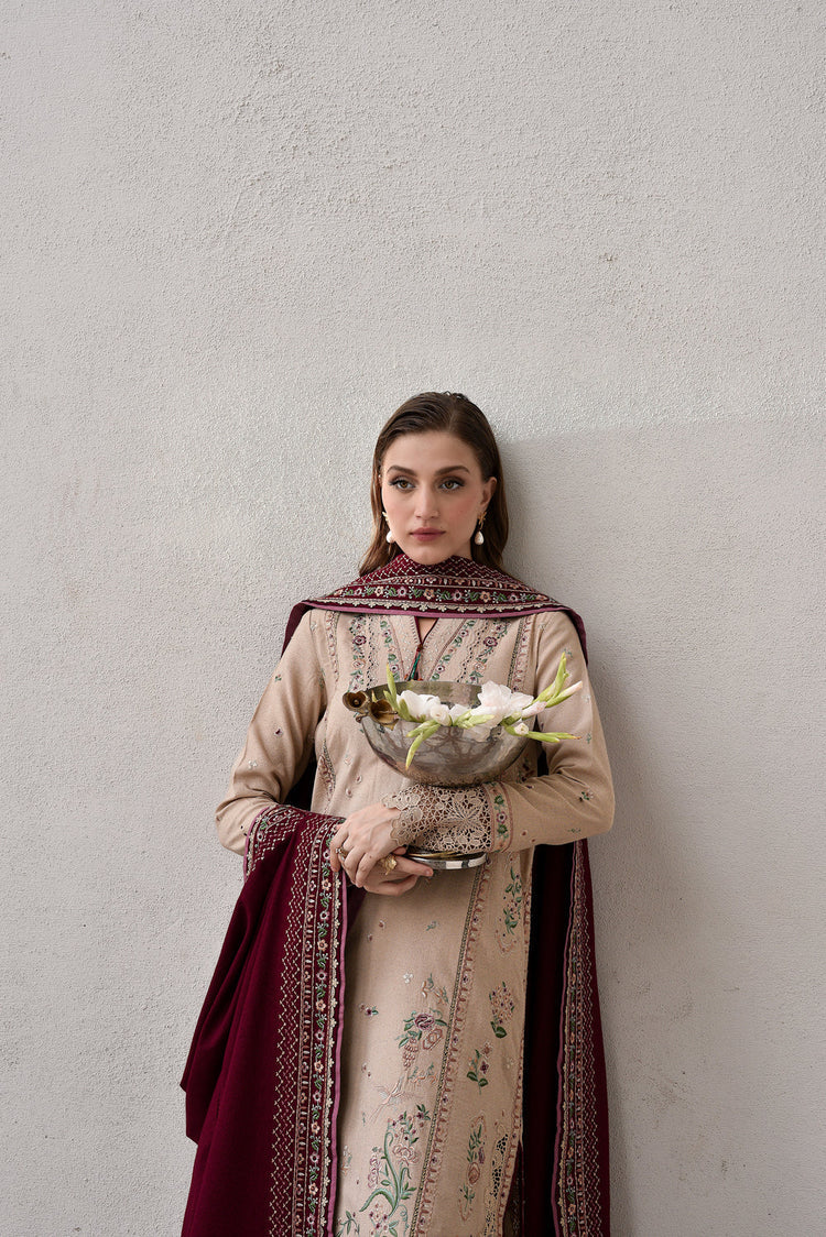 ZAIB-3PC DHANAK EMBROIDERED SHIRT WITH DHANAK EMBROIDERED SHAWL AND TROUSER-ADR-