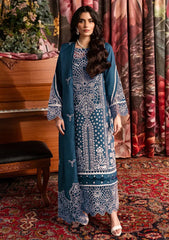 QALAMQAR-3PC CHIKANKAARI LAWN LASER WORK EMBROIDERED SHIRT WITH KHADDI NET EMBROIDERED DUPATTA AND TROUSER-ADR-4712