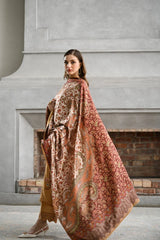 ZAIB-3PC KARANDI EMBROIDERED SHIRT WITH COUTRAI PRINTED SHAWL AND EMB TROUSER-ADR-5284