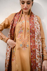 ZAIB-3PC KARANDI EMBROIDERED SHIRT WITH COUTRAI PRINTED SHAWL AND EMB TROUSER-ADR-5284
