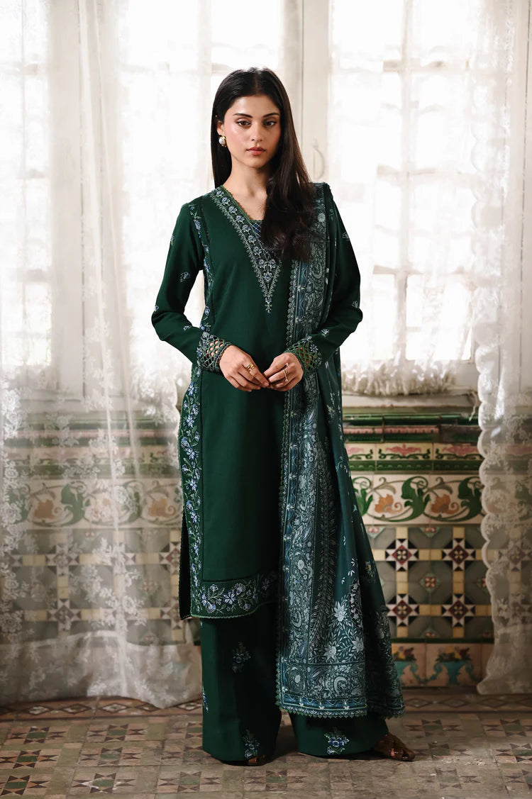 ZAIB-3PC KARANDI EMBROIDERED SHIRT WITH CORTRAI WOOL PRINT SHAWL AND TROUSER-ADR-4397
