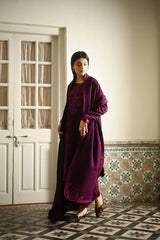 ZAIB-3PC KARANDI EMBROIDERED SHIRT WITH KARANDI EMBROIDERED SHAWL AND TROUSER-ADR-4404