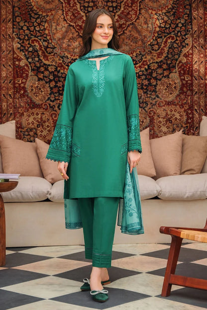 ZIVA-3PC DHANAK EMBROIDERED SHIRT WITH COUTRAI PRINTED SHAWL AND TROUSER-ADR-4142