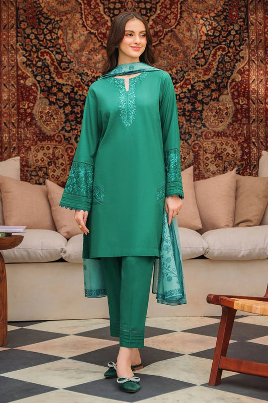 ZIVA-3PC DHANAK EMBROIDERED SHIRT WITH COUTRAI PRINTED SHAWL AND TROUSER-ADR-4142