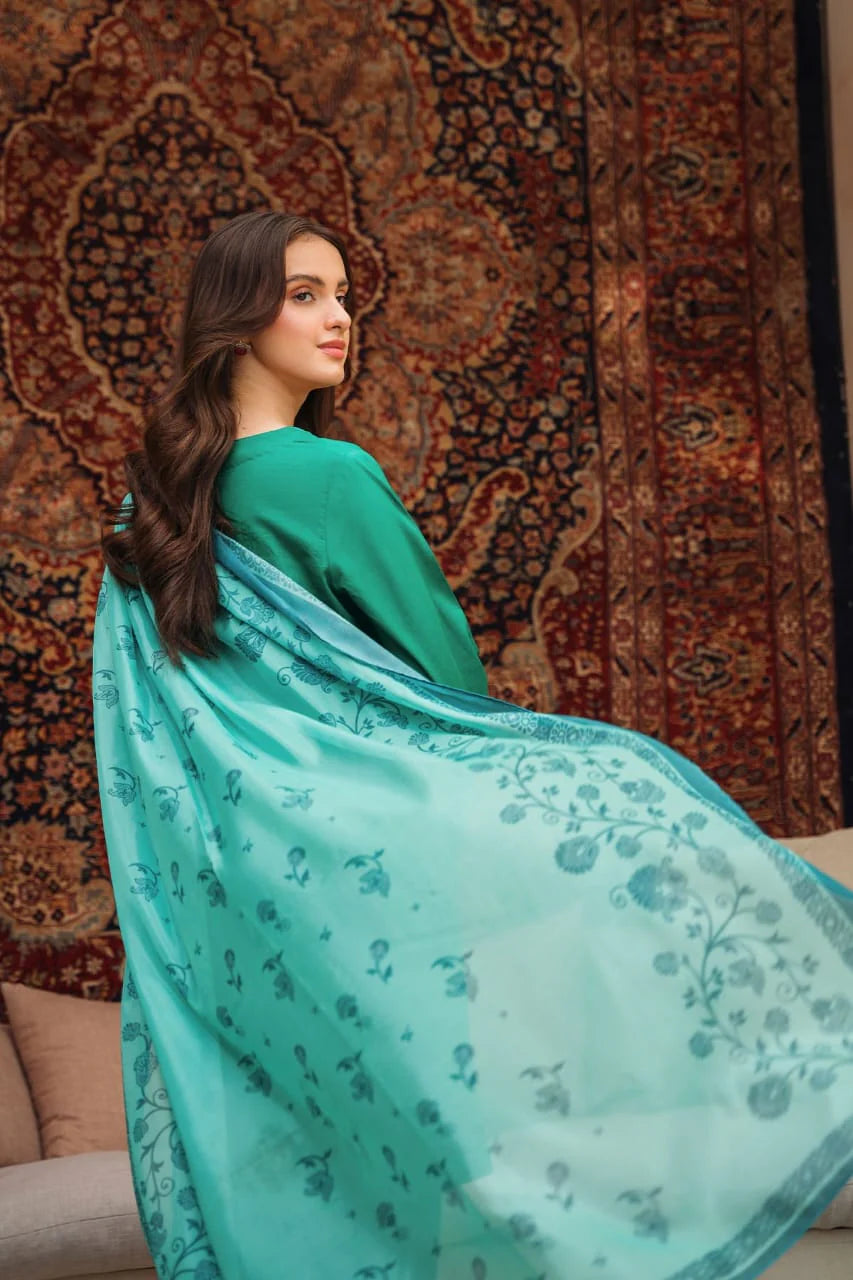 ZIVA-3PC DHANAK EMBROIDERED SHIRT WITH COUTRAI PRINTED SHAWL AND TROUSER-ADR-4142