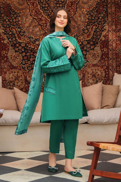 ZIVA-3PC DHANAK EMBROIDERED SHIRT WITH COUTRAI PRINTED SHAWL AND TROUSER-ADR-4142