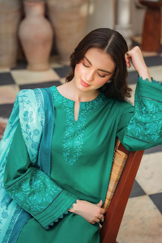 ZIVA-3PC DHANAK EMBROIDERED SHIRT WITH COUTRAI PRINTED SHAWL AND TROUSER-ADR-4142