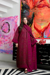 ZAIB-3PC KARANDI EMBROIDERED SHIRT WITH KARANDI EMBROIDERED SHAWL AND TROUSER -ADR-5295