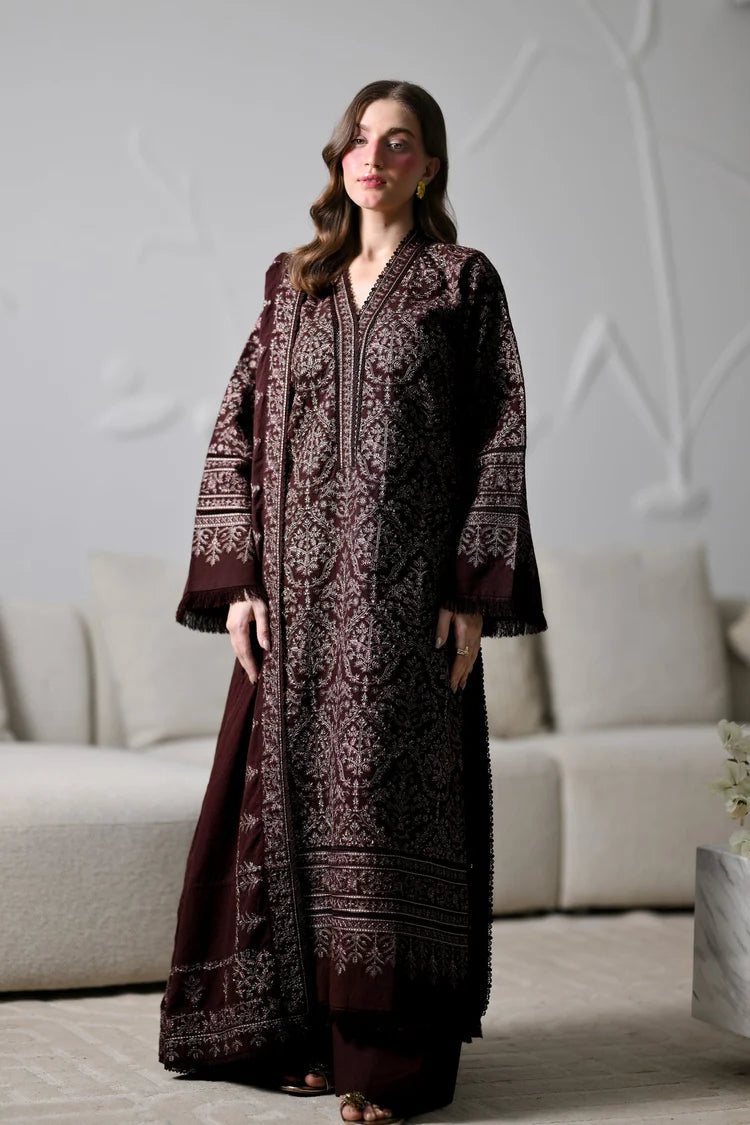 ZAIB-3PC KARANDI EMBROIDERED SHIRT WITH KARANDI EMBROIDERED SHAWL AND TROUSER -ADR-5294