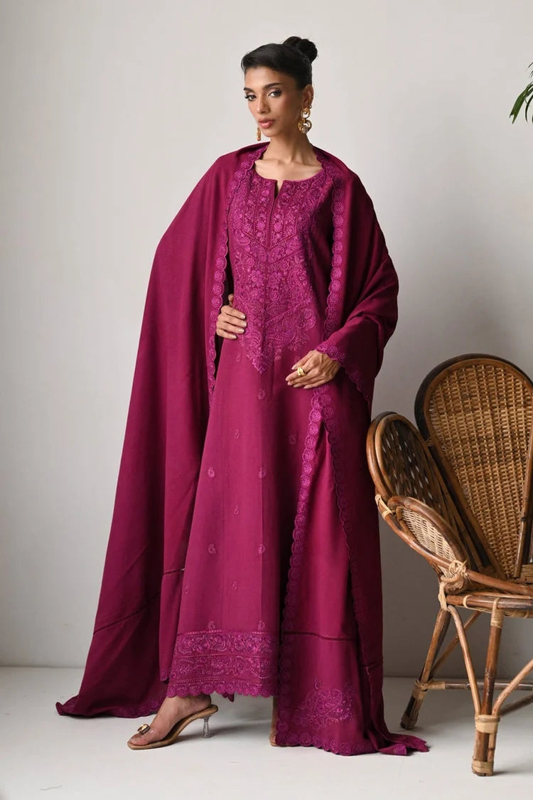 ZAIB-3PC DHANAK EMBROIDERED SHIRT WITH DHANAK EMBROIDERED SHAWL AND TROUSER-ADR-5262