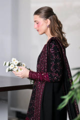 ZAIB-3PC KARANDI EMBROIDERED SHIRT WITH KARANDI EMBROIDERED SHAWL AND TROUSER -ADR-5297