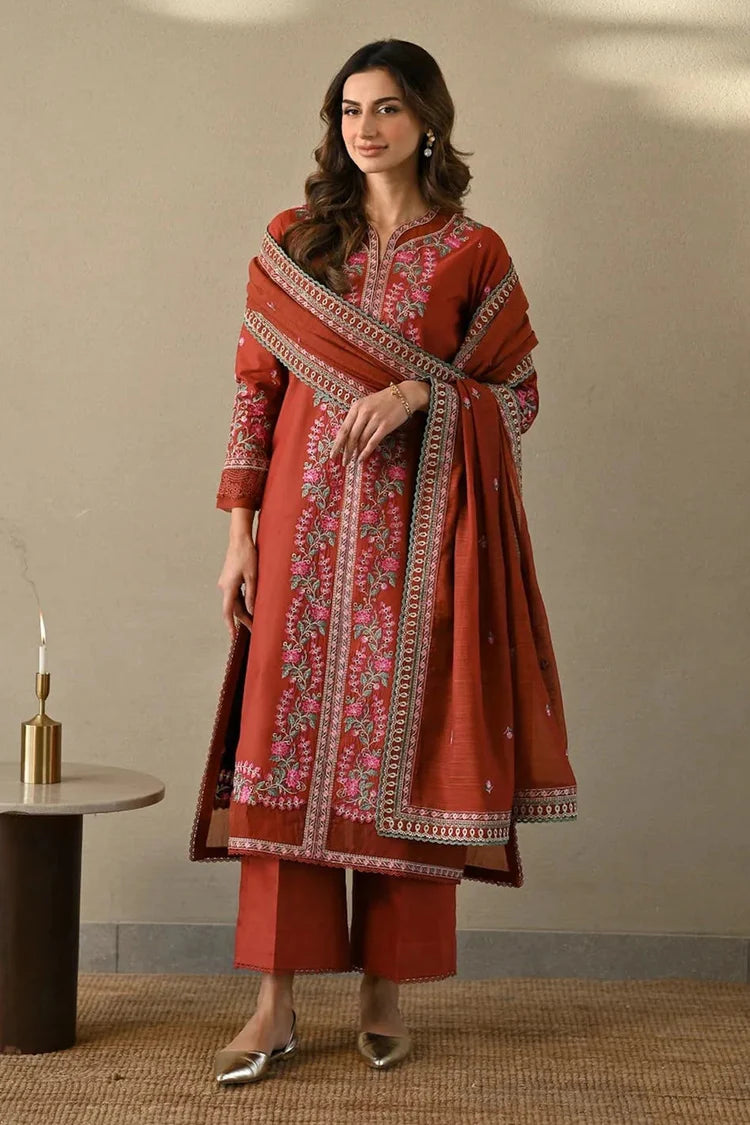 ZAIB-3PC DHANAK EMBROIDERED SHIRT WITH DHANAK EMBROIDERED SHAWL AND TROUSER-ADR-4378