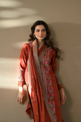 ZAIB-3PC DHANAK EMBROIDERED SHIRT WITH DHANAK EMBROIDERED SHAWL AND TROUSER-ADR-4378