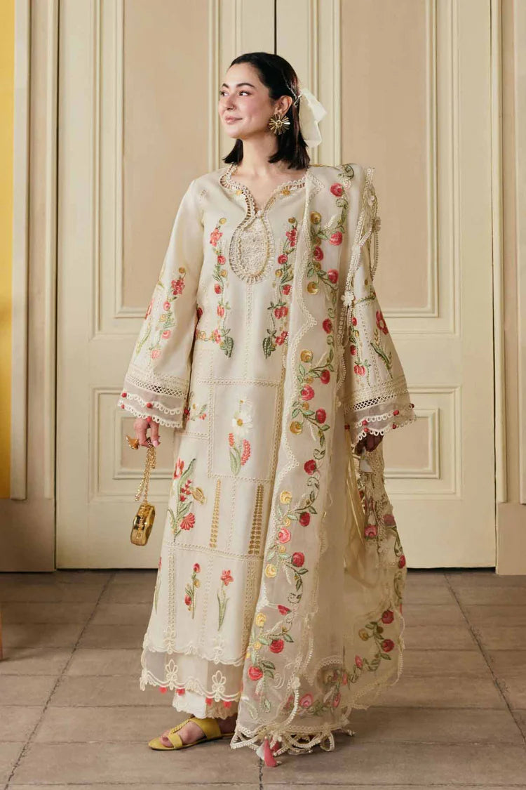 MARYAM HUSSAIN-3PC DHANAK HEAVY EMBROIDERED SHIRT WITH KHADDI NET EMB DUPATTA AND TROUSER-ADR-5166