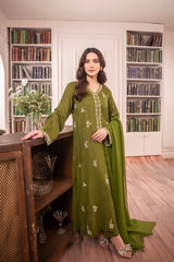 SAPPHIRE-3PC DHANAK EMBROIDERED SHIRT WITH CHIFFON DUPATTA AND TROUSER-ADR-4084
